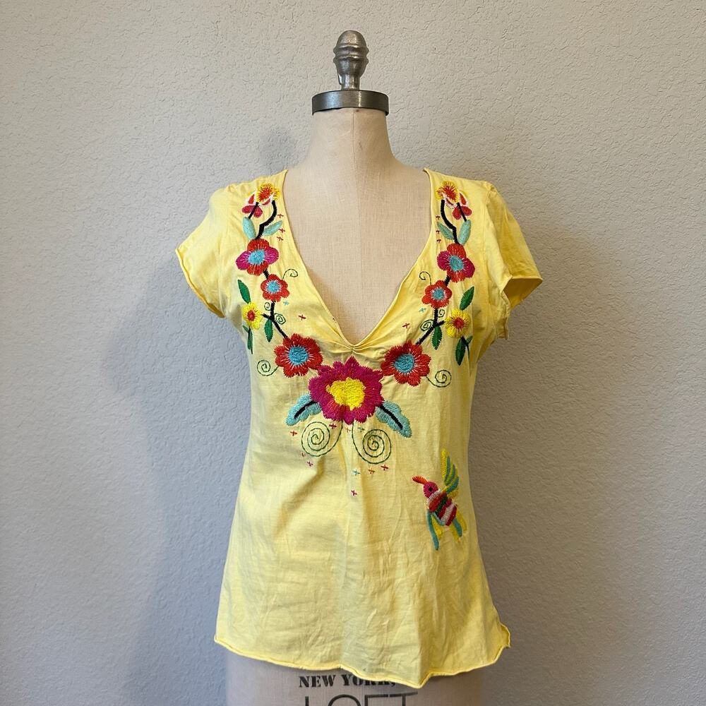 JOHNNY WAS LOS ANGELES Top Butter Yellow Floral Love Embroidered Boho